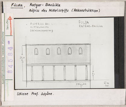 Vorschaubild Fulda: Ratgar-Basilika, Aufriss des Mittelschiffs, Rekonstruktion, Skizze Schöne 1960 